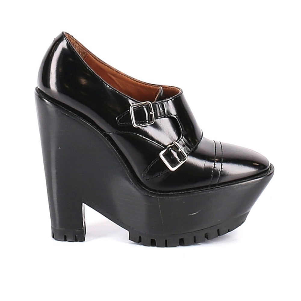BURBERRY double buckle leather monk platform wedge